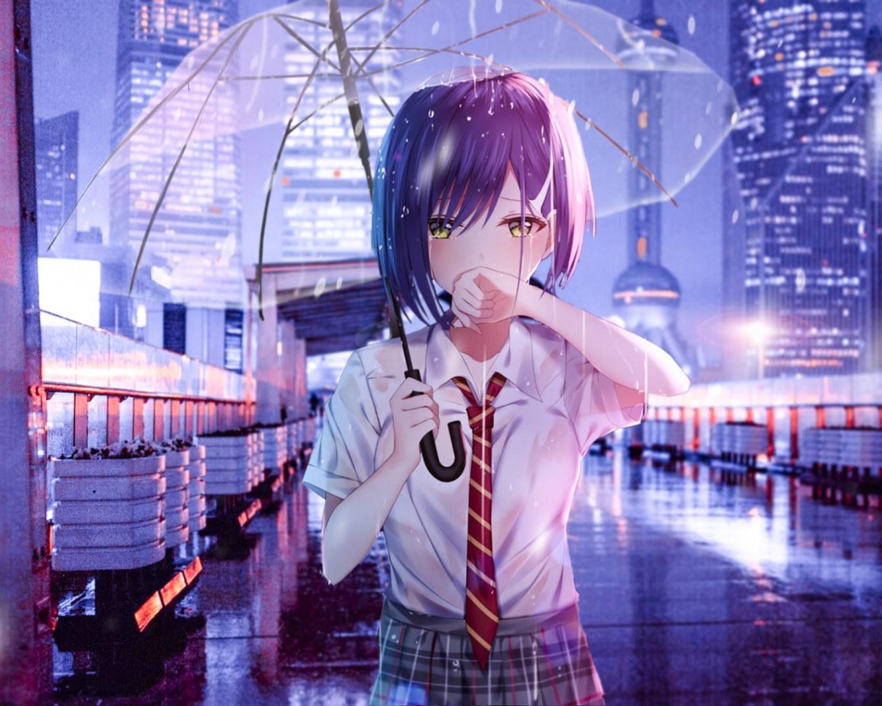 1280x1024 Rain Wallpaper, Anime Art, Cry, Anime Girl, Umbrella, Transparent Umbrella • Wallpaper For You