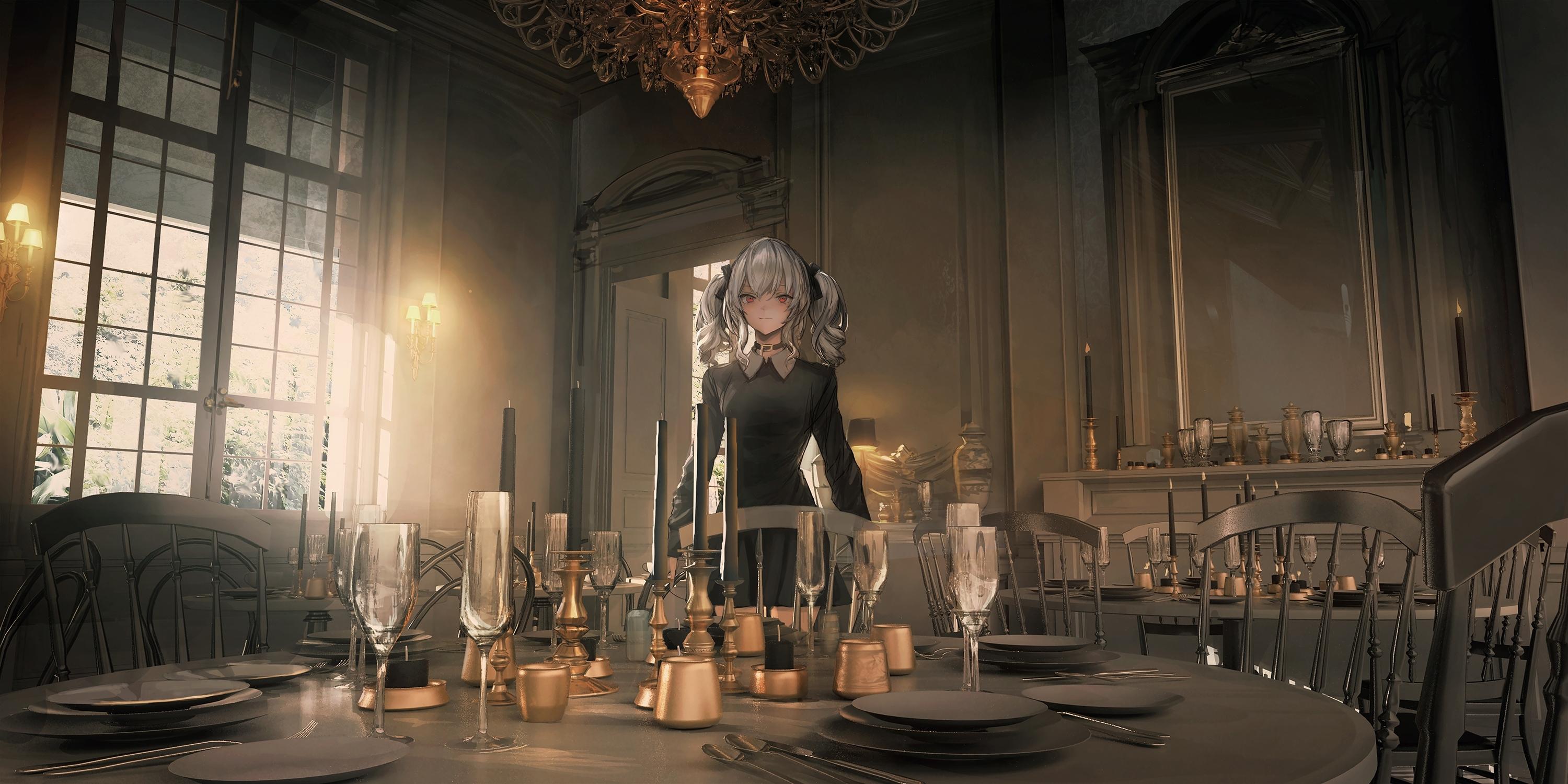 3000x1500 Wallpaper Anime Girl, Room, Gray Hair, Dining Table, Gothic, Twintails:3000x1500