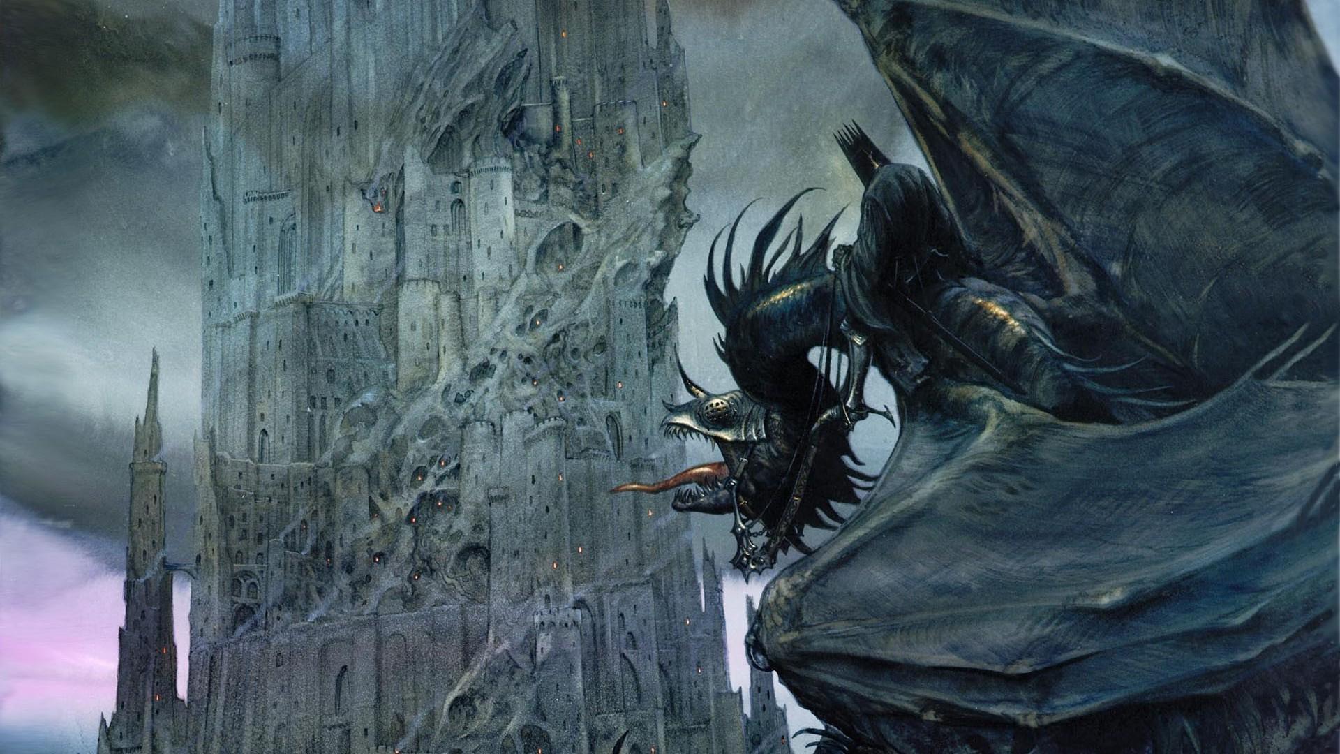 1920x1080 digital Art, Fantasy Art, Barad dûr, The Lord Of The Rings, Dragon, Castle, Flying, Tongues, Witchking Of Angmar, John Howe, Nazgûl, J. R. R. Tolkien Wallpaper HD / Desktop and Mobile Background