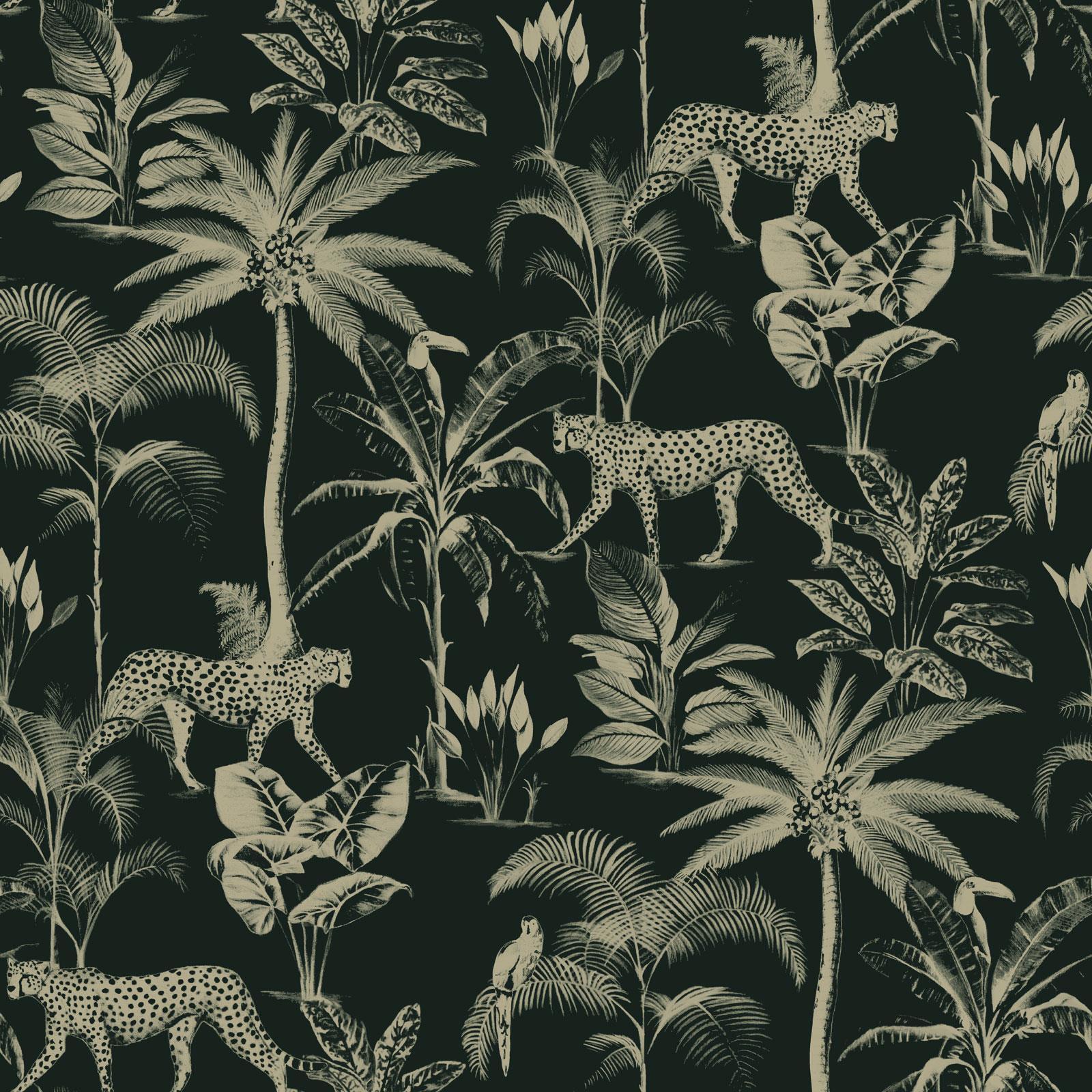 1600x1600 Savannah Cheetah Wallpaper Rasch 409031 Black / Gold Metallic Palm Trees online
