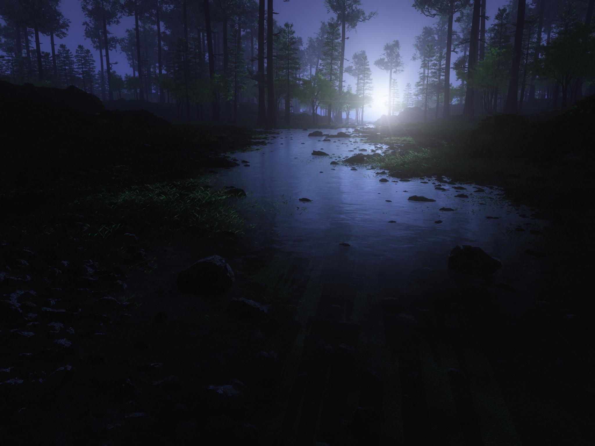 2048x1536 Dark Forest Wallpaper 4K, Water Stream, Trees, Landscape, Woods, Nature
