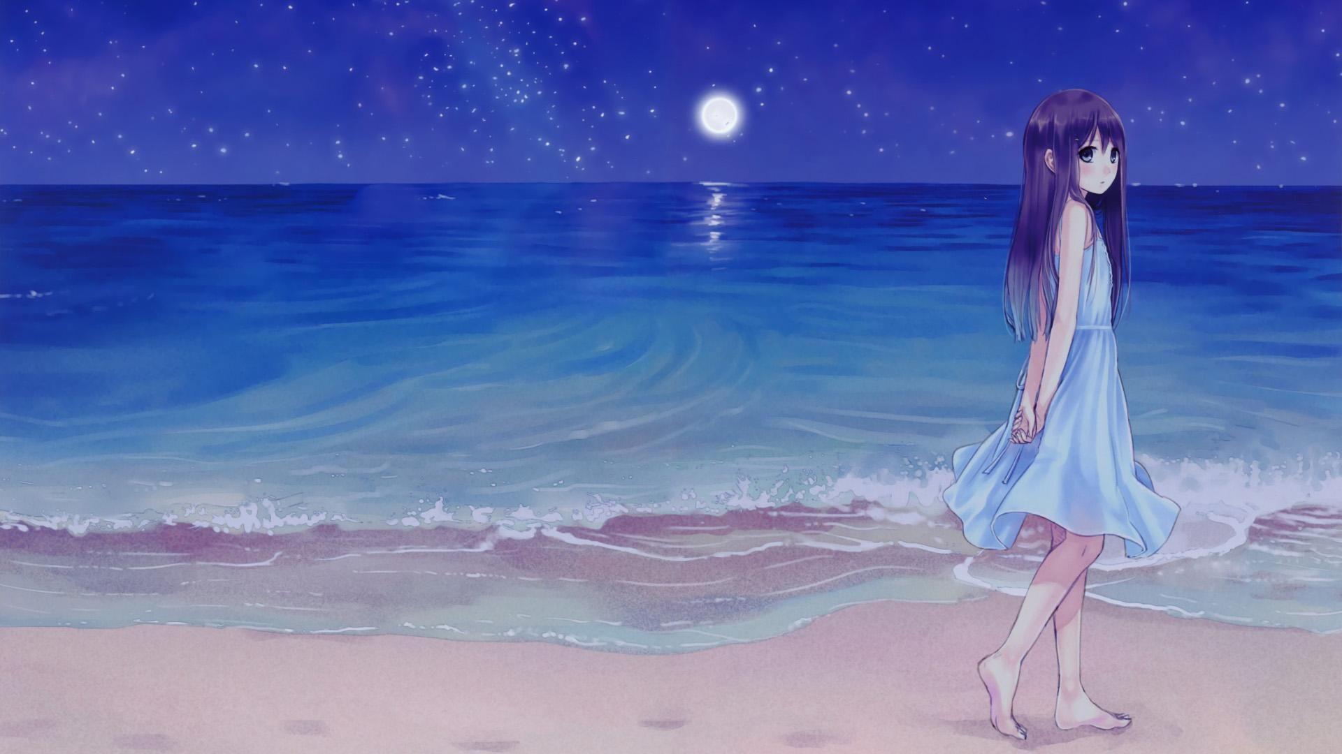 1920x1080 anime girl trên bãi biển