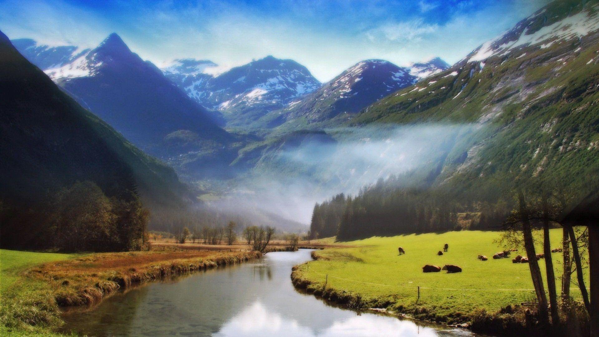 1920x1080 A Big River Flowing Between Mountain Wallpaper