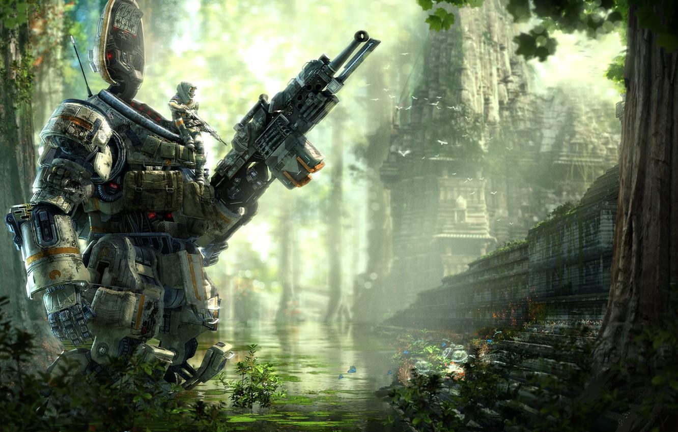 1332x850 Wallpaper Water, Robot, Building, Soldiers, Jungle, Hunter, Electronic Arts, Pilot, DLC, Titan, Equipment, Weapons, Titanfall, Respawn Entertainment, Titanfall: Expedition image for desktop, section игры