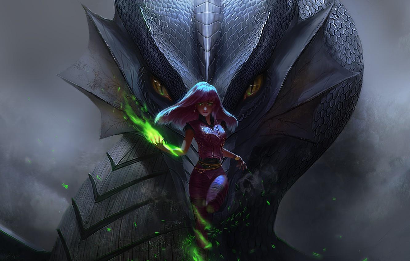 1332x850 Wallpaper dark, light, girl, fantasy, magic, green eyes, dragon, artist, digital art, artwork, fantasy art, drawing, creature, illustration, purple hair, magician image for desktop, section фантастика