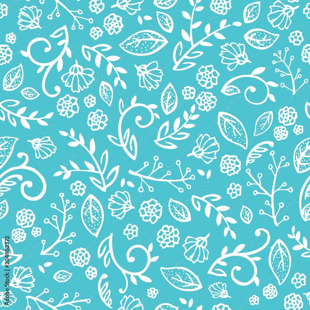 1000x1000 Blue and white floral wallpaper that is a seamless and repeating vector pattern with fine print ferns and flowers with curls and swirls in a pretty background design Stock Vector