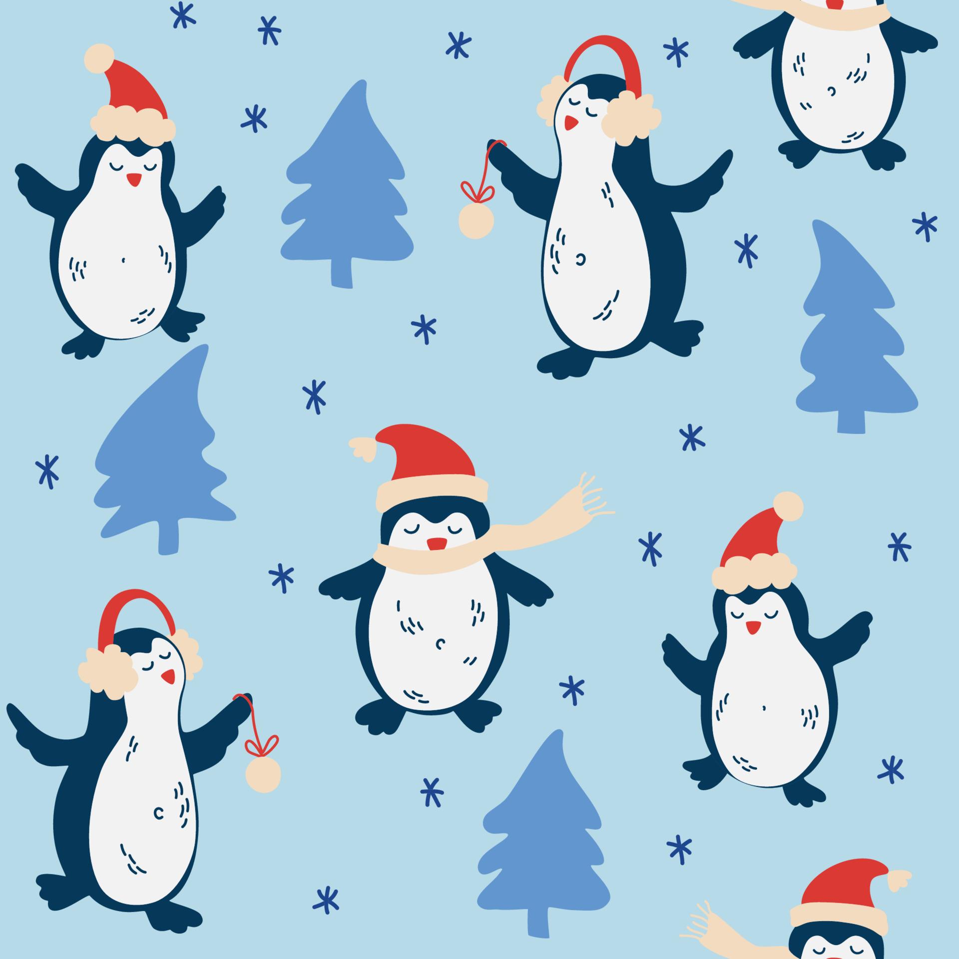 1920x1920 Christmas Penguins seamless pattern. cute funny penguins, different clothing, various poses. New Year's pattern for design on a Christmas theme. Vector winter holidays print for textile, wallpaper