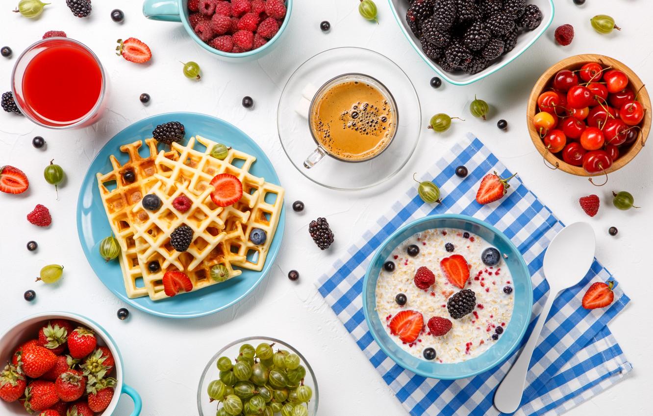 1332x850 Wallpaper berries, coffee, Breakfast, waffles, porridge, oatmeal image for desktop, section еда