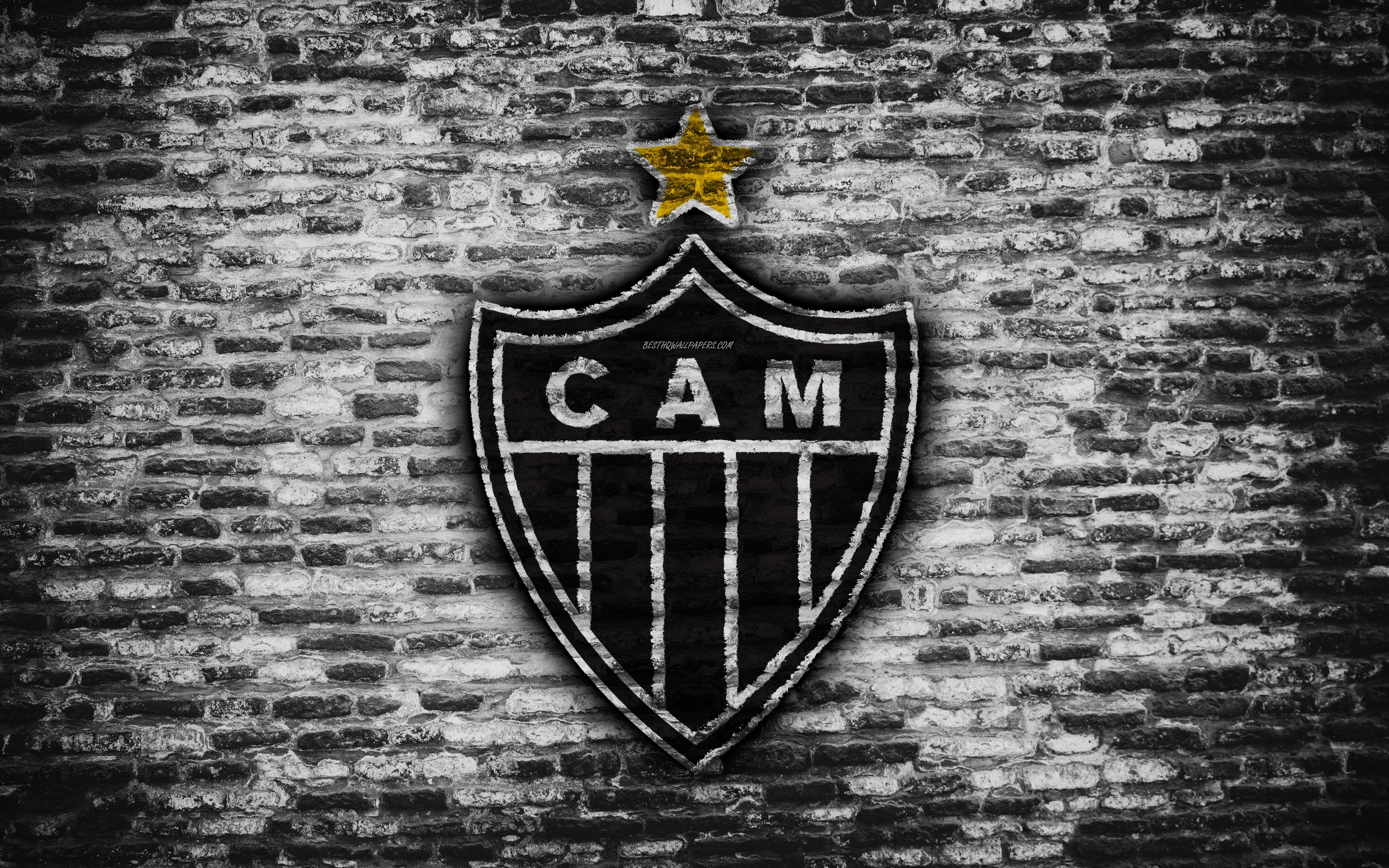 3840x2400 Download wallpaper FC Atletico Mineiro, 4k, emblem, Brazilian Seria A, grunge, soocer, Brazil, Atletico Mineiro, football club, brick texture, Atletico Mineiro FC for desktop with resolution 3840x2400. High Quality HD picture wallpaper