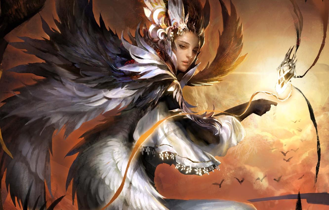 1332x850 Wallpaper girl, clouds, birds, magic, wings, art, legend of cryptids image for desktop, section игры