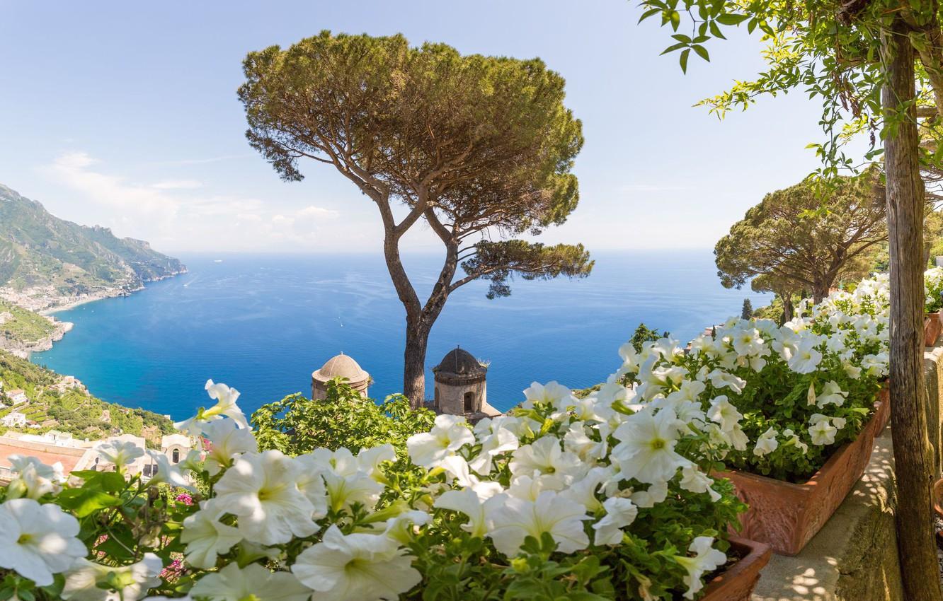 1332x850 Wallpaper sea, tree, Italy, Amalfi, Petunia, Ravello, Villa Rufolo image for desktop, section город