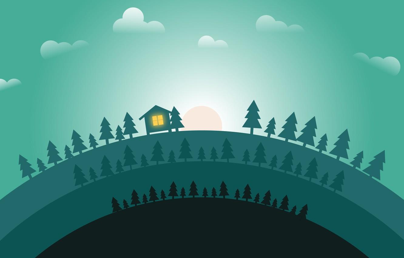 1332x850 Wallpaper The sun, Minimalism, Forest, House, Dawn, Landscape, Tree, Concept Art, Environments, Naughty Natesan, Circle animation world, by Naughty Natesan image for desktop, section минимализм