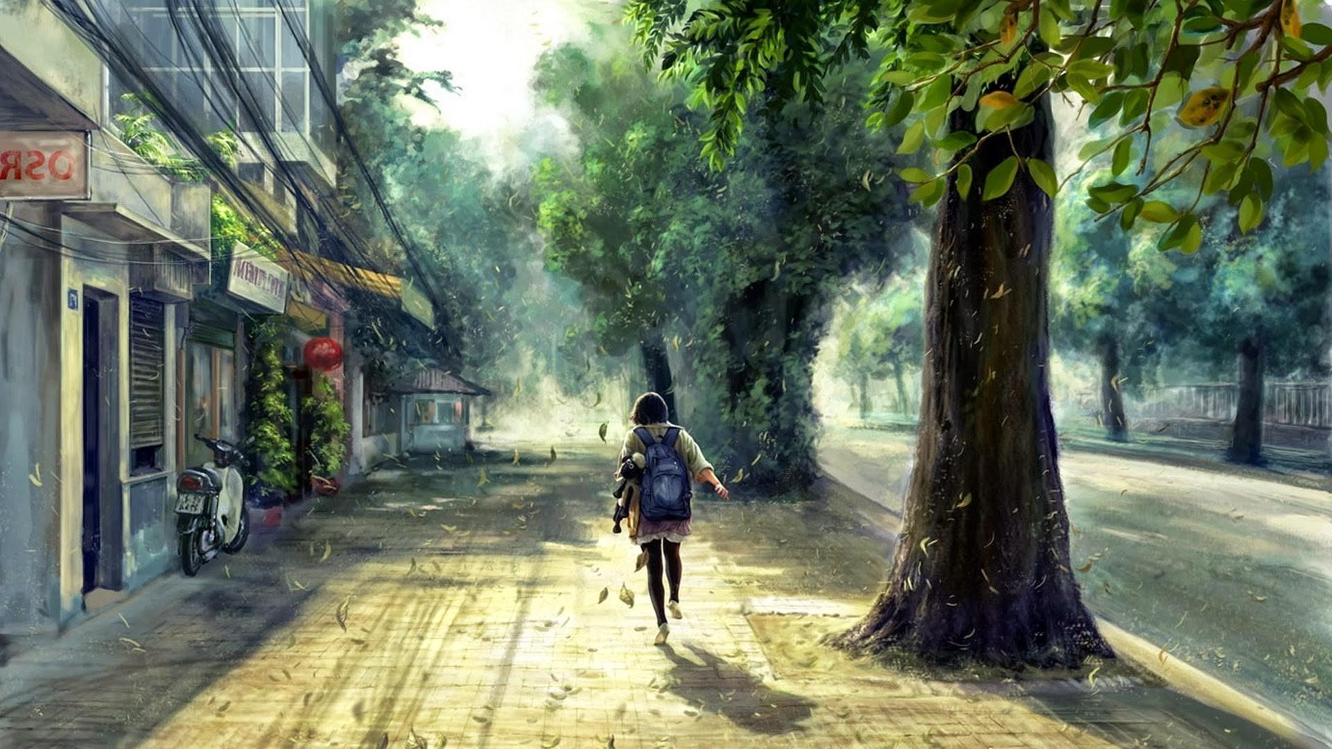 1920x1080 concept Art, Anime, Street, Trees, Spring, Sunlight Wallpaper HD / Desktop and Mobile Background