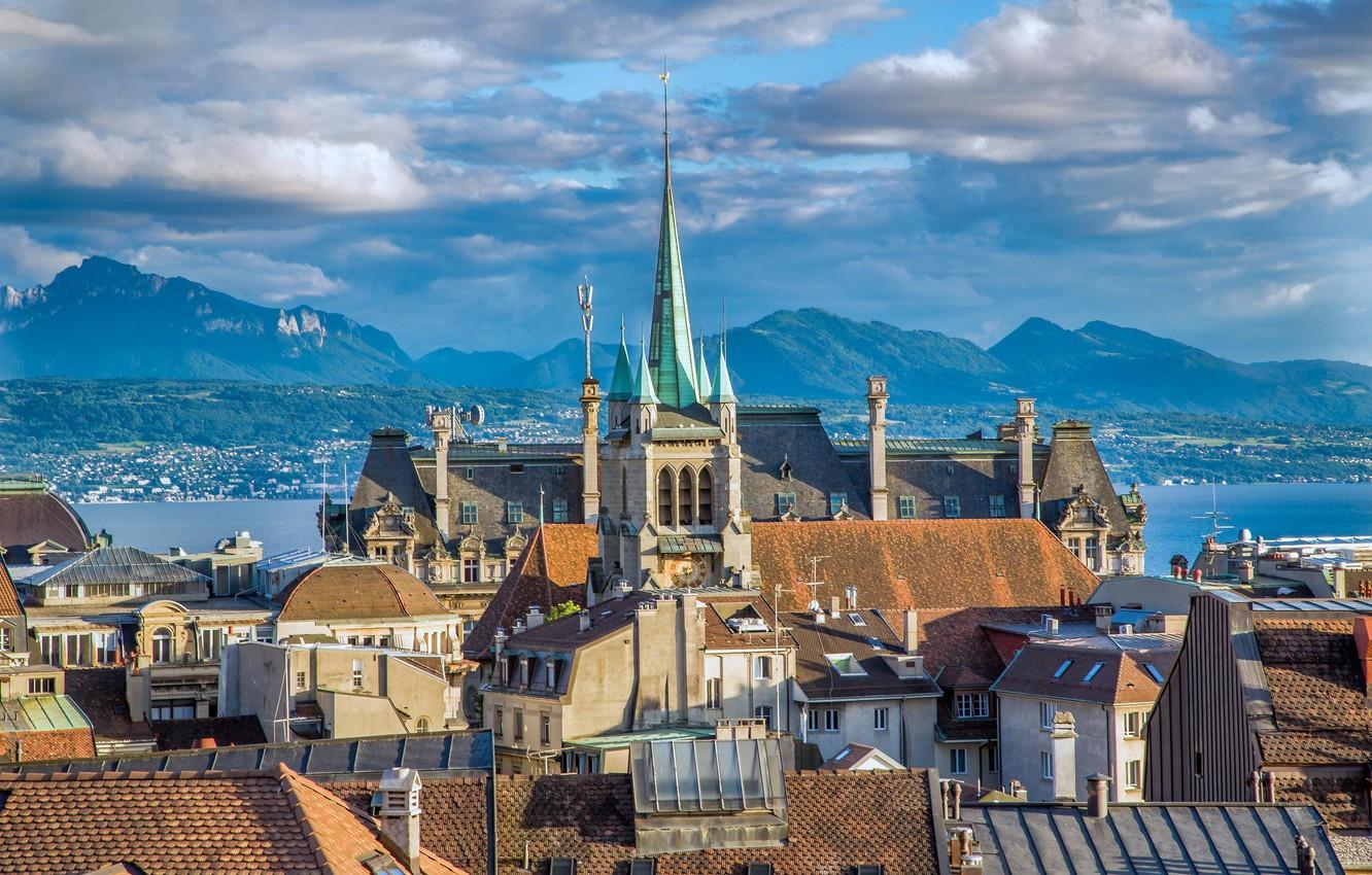 1332x850 Wallpaper mountains, lake, Switzerland, architecture, Lausanne image for desktop, section город
