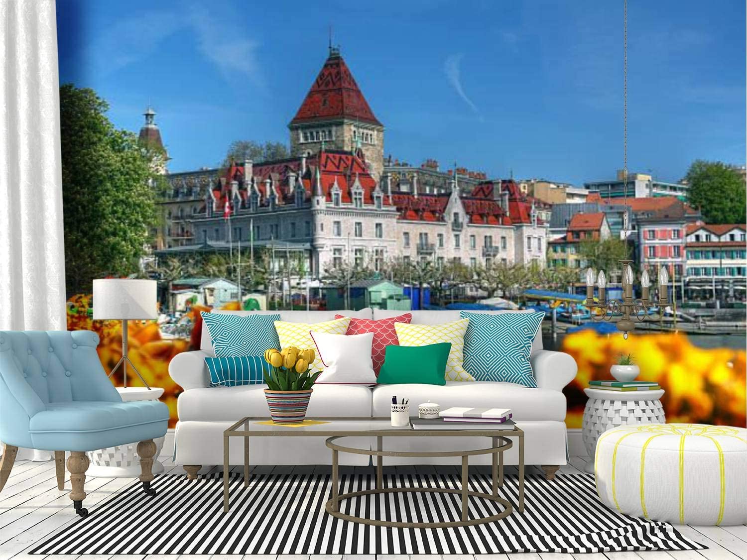 1500x1125 Wall Mural a beautiful sight of chateau d'ouchy lausanne switzerland bay castle Peel and Stick Wallpaper Self Adhesive Wallpaper Large Wall Sticker Removable Vinyl Film Roll Shelf Paper Home Decor