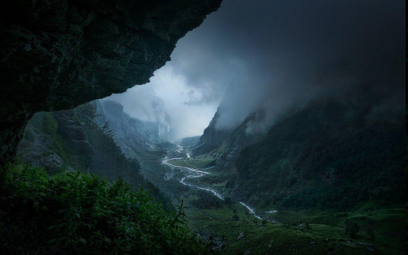 1400x875 valley mountain mist france nature river forest shrubs storm morning