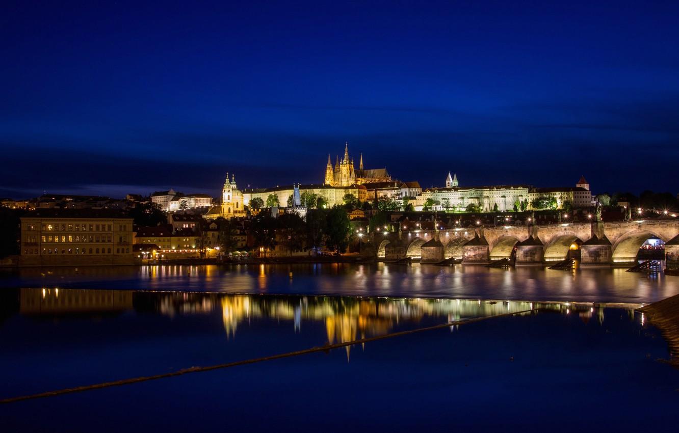 1332x850 Wallpaper night, lights, river, Prague, Czech Republic, Vltava, Prague Castle, St. Vitus Cathedral image for desktop, section город