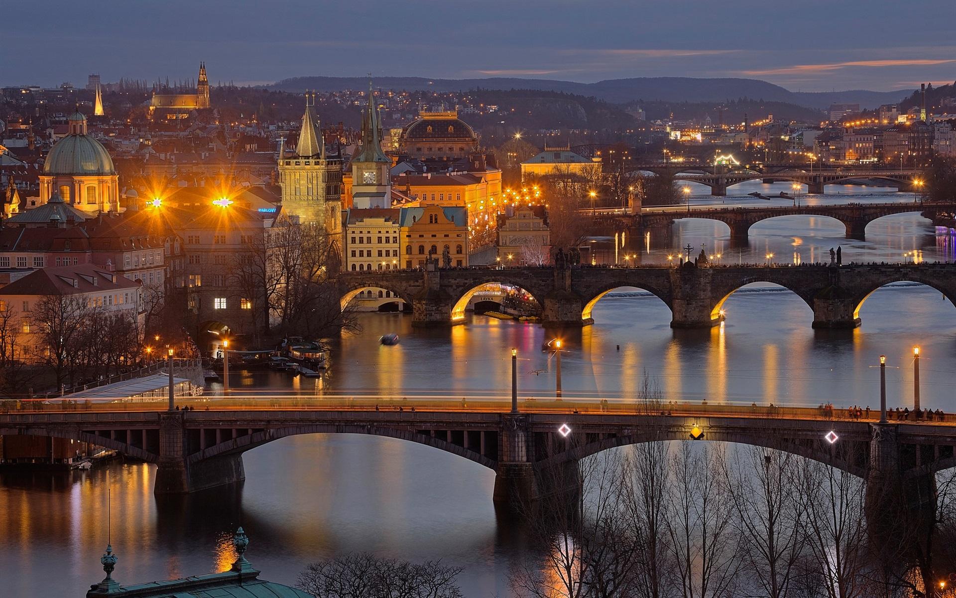 1920x1200 Wallpaper Vltava, Czech Republic, Prague, Night, Bridges