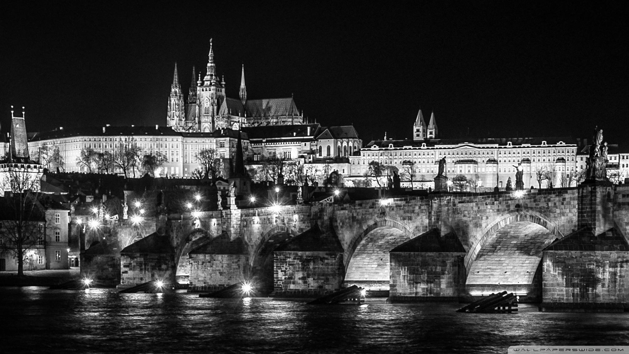 2048x1152 Prague at Night Black and White Ultra HD Desktop Background Wallpaper for