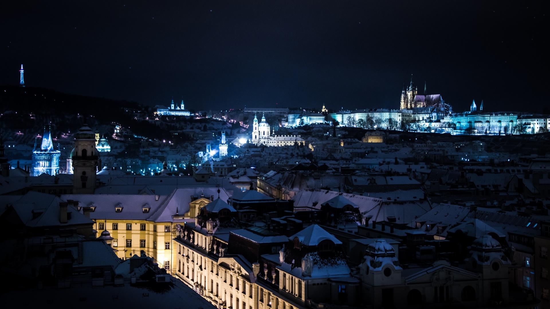 1920x1080 Download free photo of Prague, night, winter, snow, lights