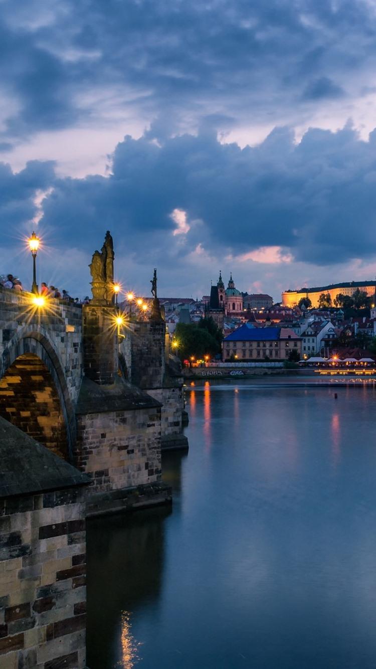 750x1334 Prague, Czech Republic, Night, River, Lights, Clouds, City 750x1334 IPhone 8 7 6 6S Wallpaper, Background, Picture, Image