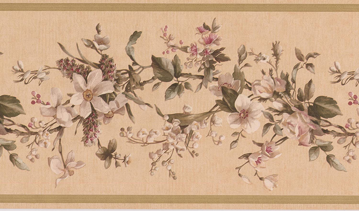 1500x883 Concord Wallcoverings Wallpaper Border Vine Floral Pattern Flowers Leaves for Bedroom Living Room, Pink Beige Brown Green, 7 Inches by 15 Feet VC052231B : Tools & Home Improvement