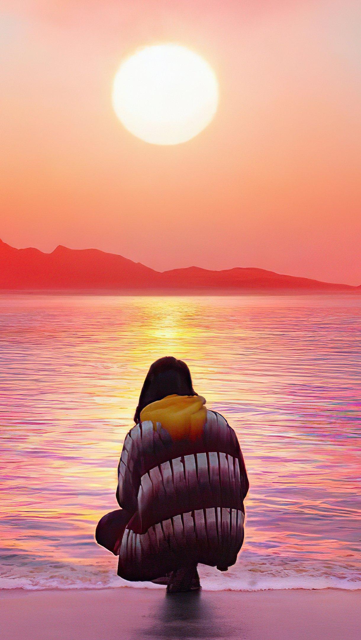 1220x2160 Girl in the beach looking at the sunset Wallpaper 4k Ultra HD