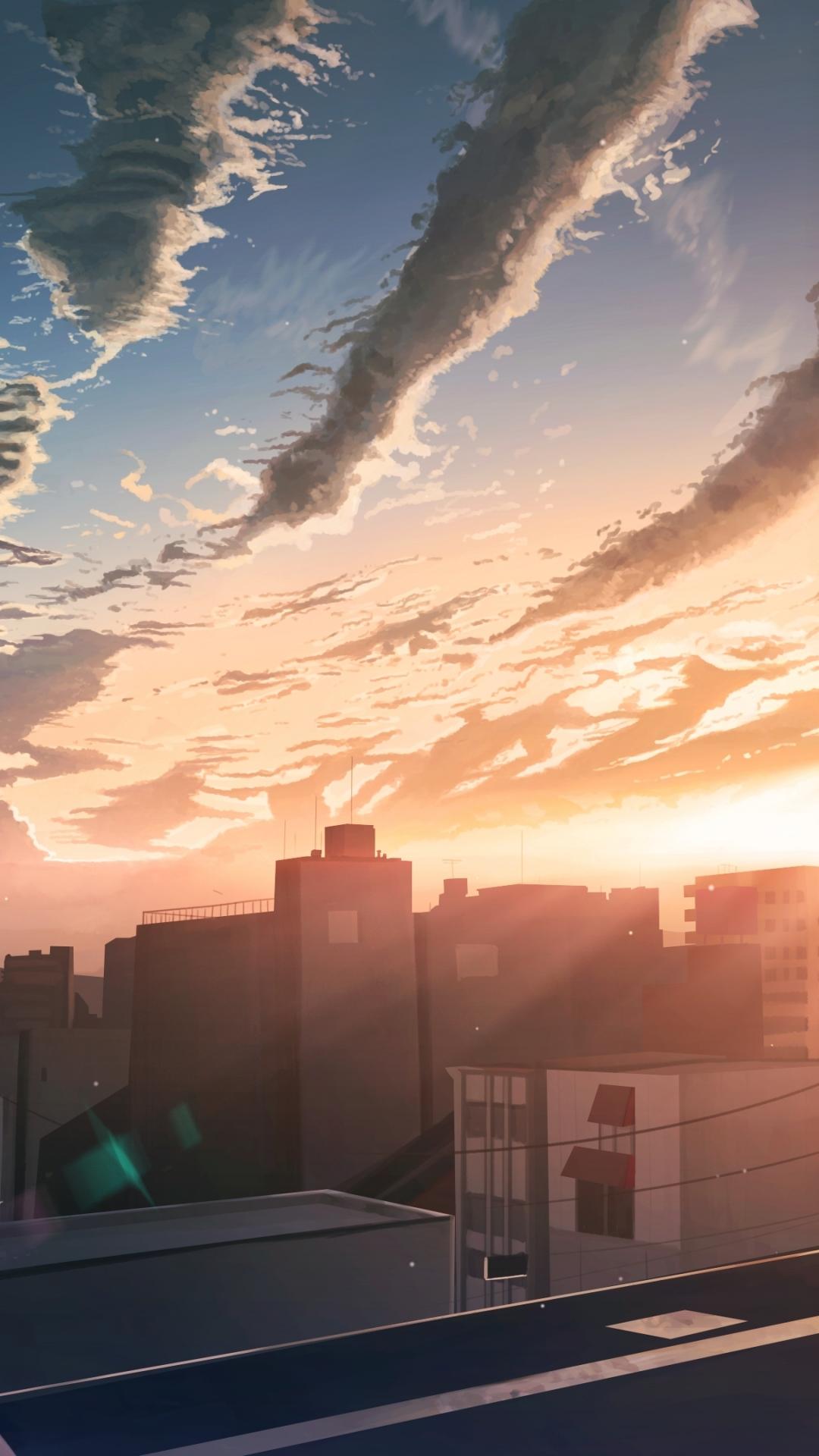 1080x1920 Wallpaper Anime Landscape, Sunset, Buildings, Clouds, Girl Backview:3840x2160