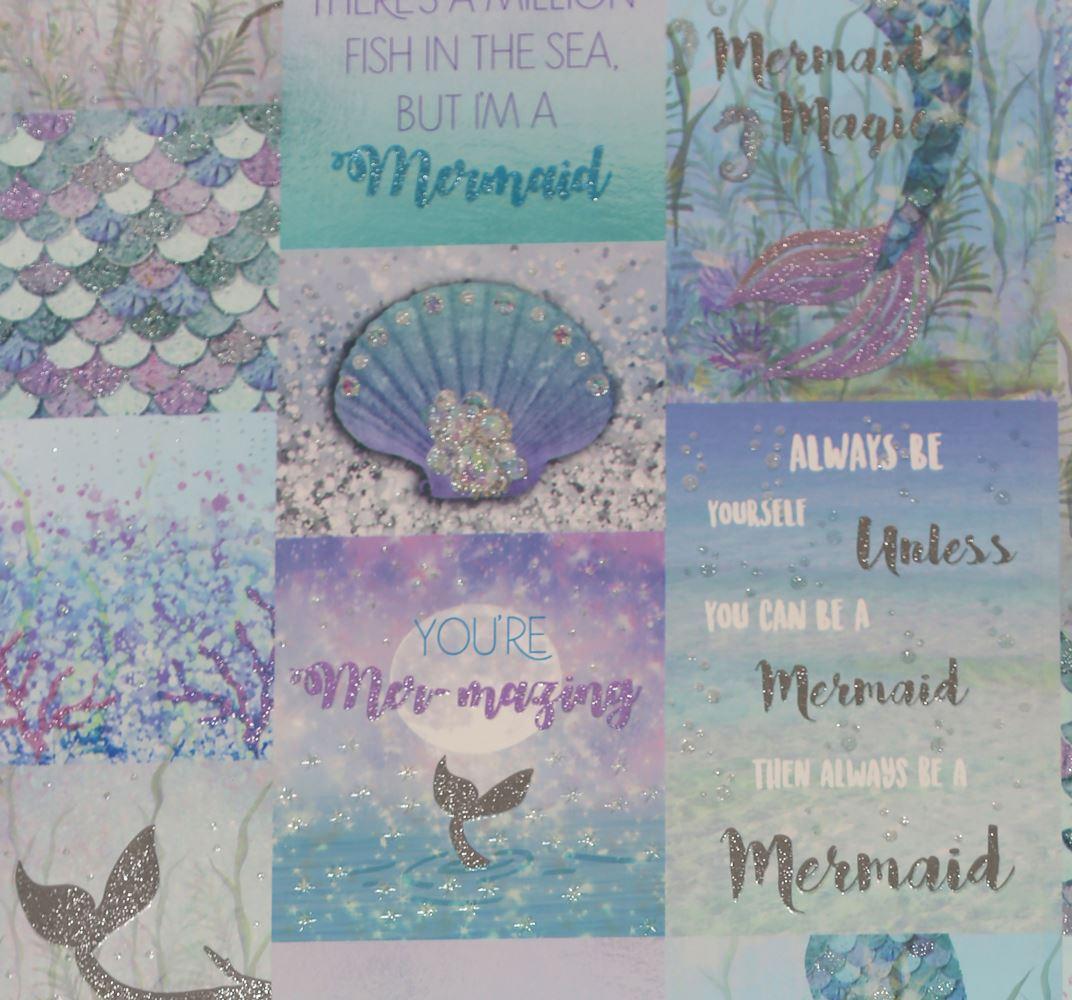 1072x1000 Arthouse Mermazing Ice Blue Glitter Mermaid Collage Shells Quotes Wallpaper