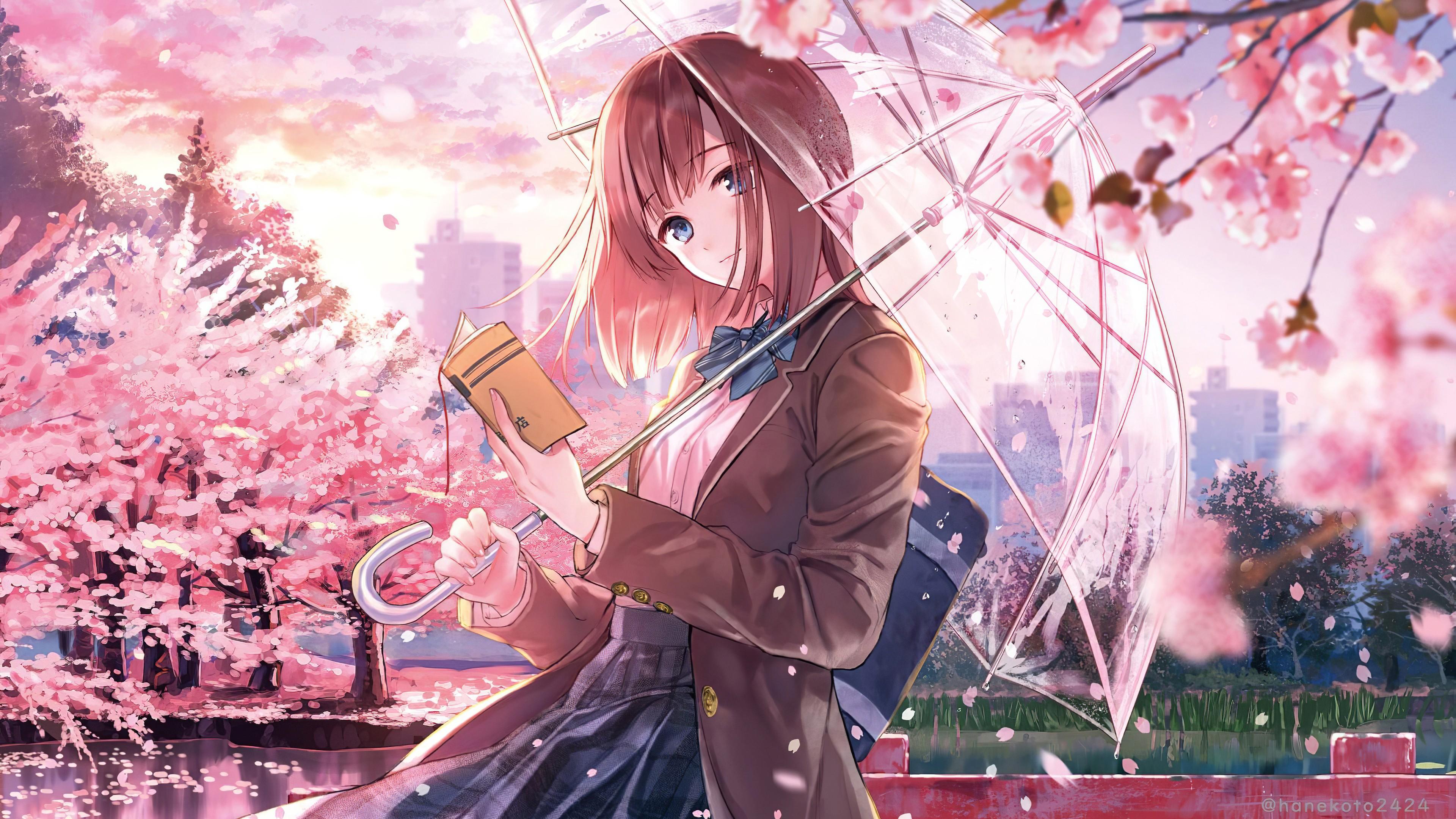 3840x2160 Anime Girl Cherry Blossom Season 4K HD Wallpaper
