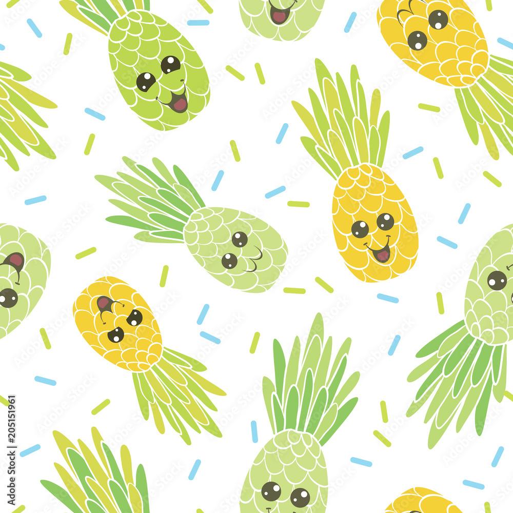 1000x1000 Cute pineapple faces seamless repeat pattern. Great for tropical summer theme wallpaper, background, packaging, fabric, scrapbooking, and giftwrap projects. Surface pattern design. Stock Vector