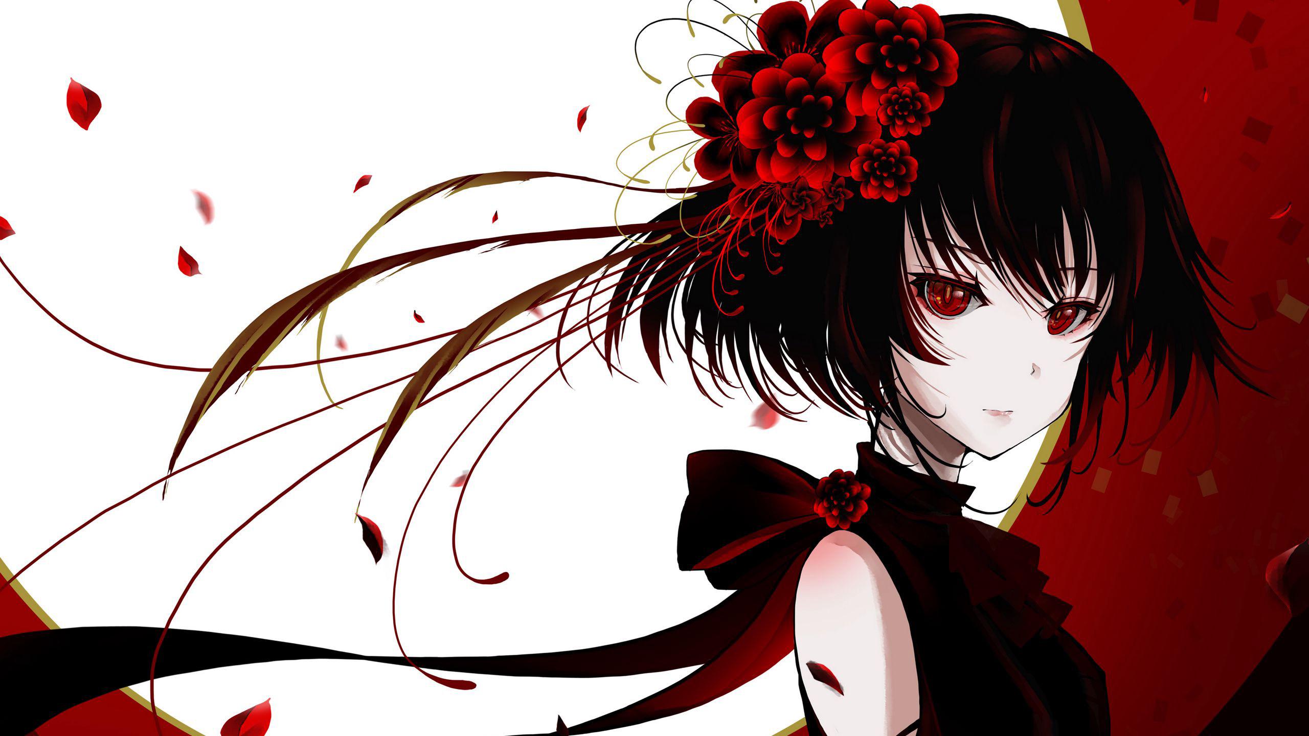 2560x1440 Red Eyes Black Hair Anime Girl With Red Flowers On Head HD Anime Girl Wallpaper