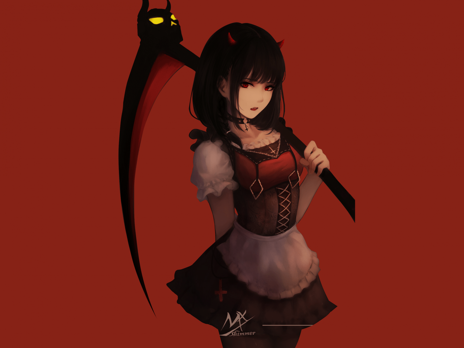 1600x1200 Download 1600x1200 Anime Girl, Scythe, Black Hair, Red Eye Wallpaper