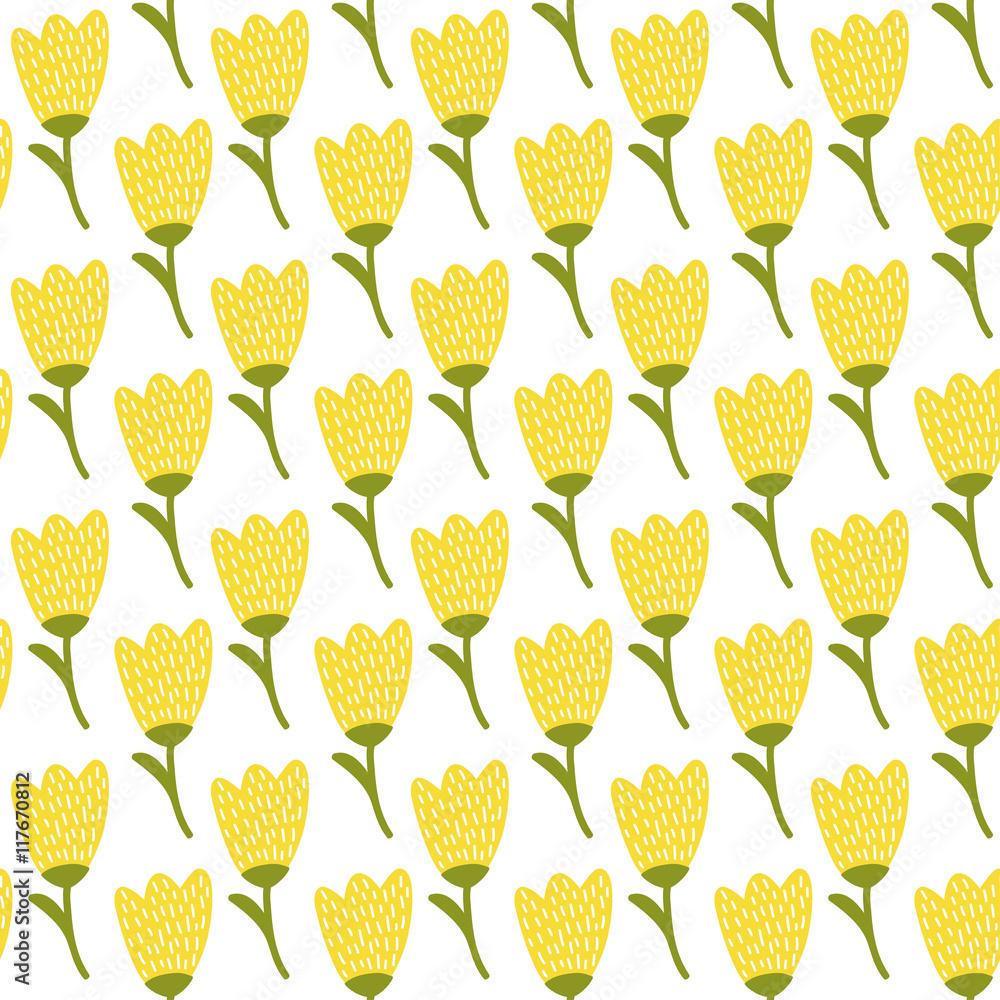 1000x1000 Simple doodle yellow tulip pattern. Cute flower seamless background. Summer wallpaper. Vector illustration. Stock Vector