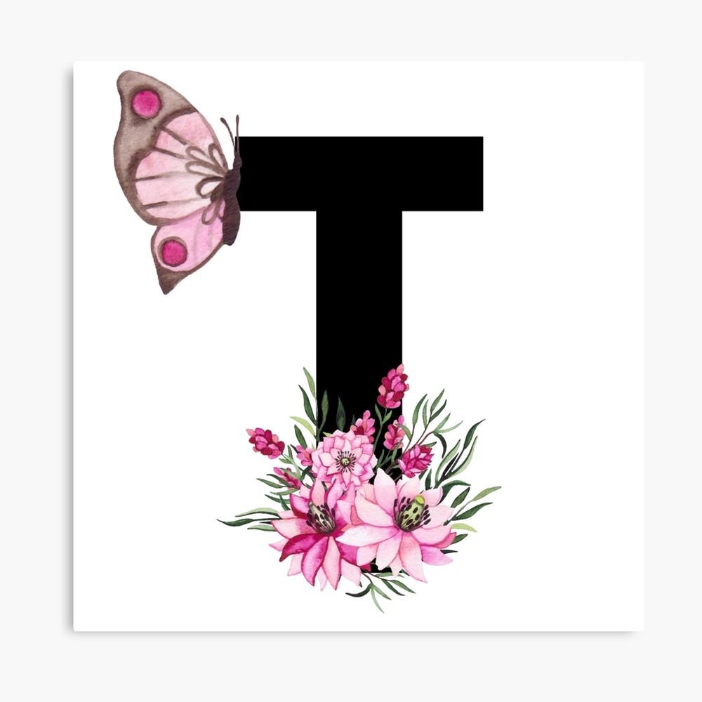 1000x1000 letter t pink flower alphabet monogram butterfly Photographic Print