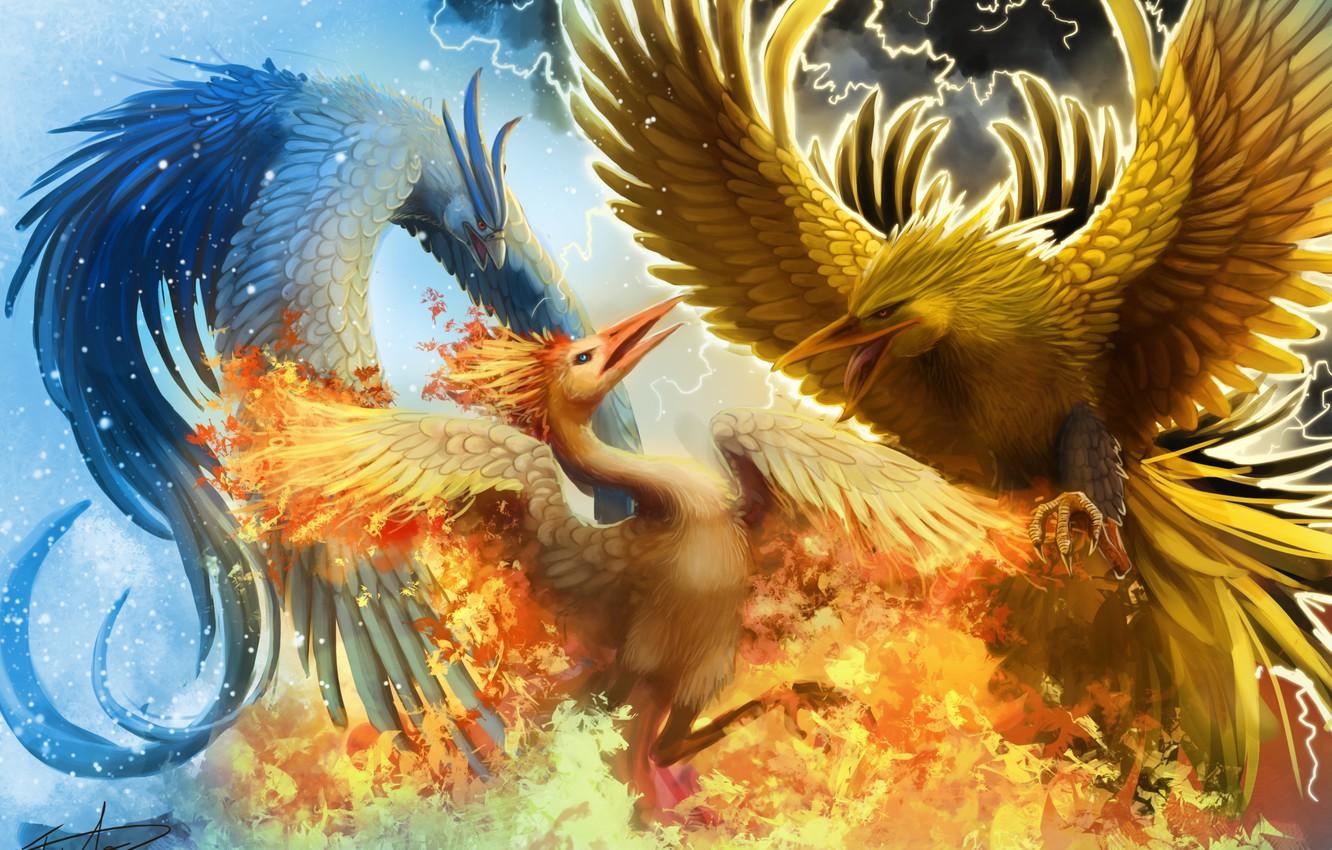 1332x850 Wallpaper cold, snow, birds, fire, zipper, fantasy, art, battle, Phoenix, in the sky image for desktop, section живопись