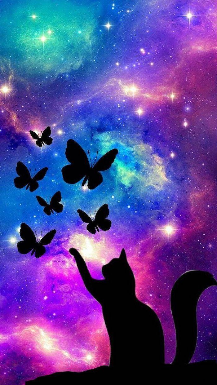 700x1242 Cat Silhouette Playing With Butterflies Samsung Galaxy Wallpaper Colorful Galaxy In The Background Filled Wit. Cool Galaxy Wallpaper, Galaxy Wallpaper, Wallpaper