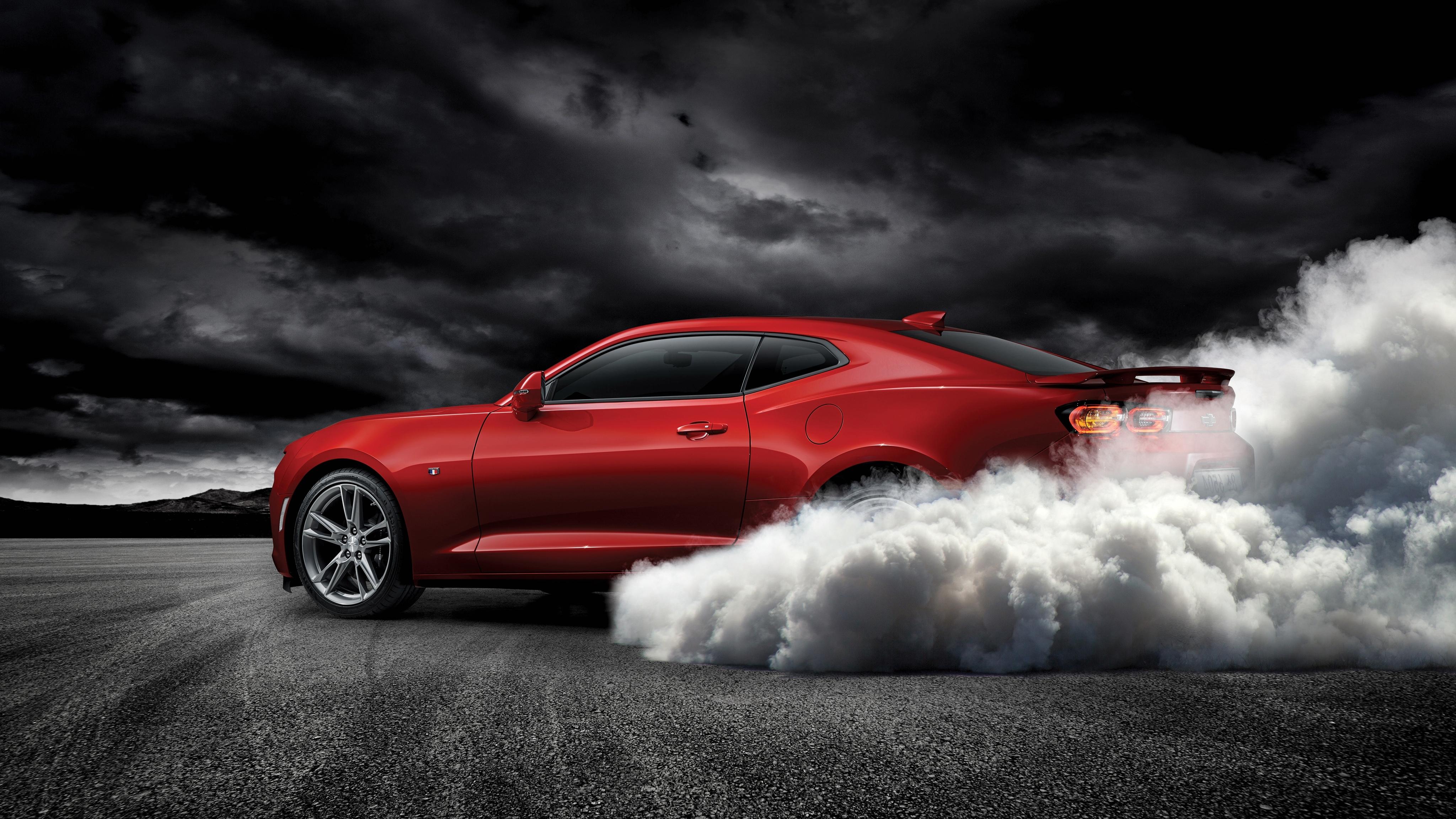 4096x2304 Wallpaper Red, Smoke, Muscle Cars, Chevrolet Camaro Ss 2019:4096x2304