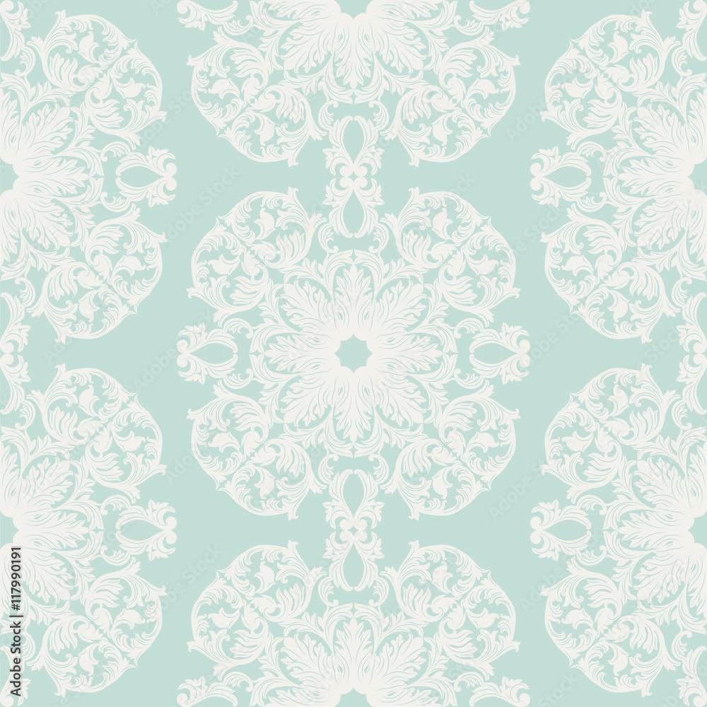 1000x1000 Vintage round Baroque ornament pattern. Vector Luxury damask decor. Royal Victorian texture for wallpaper, textile, fabric. opal blue color Stock Vector