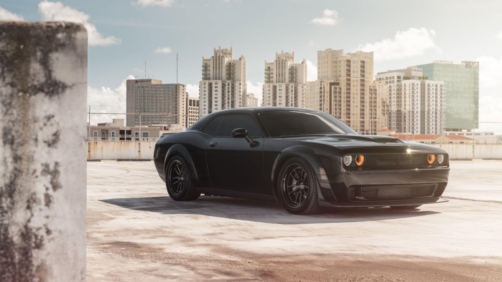 1920x1080 Muscle car, black, dodge challenger srt, side view, 2019 wallpaper, HD image, picture, background, 22af83