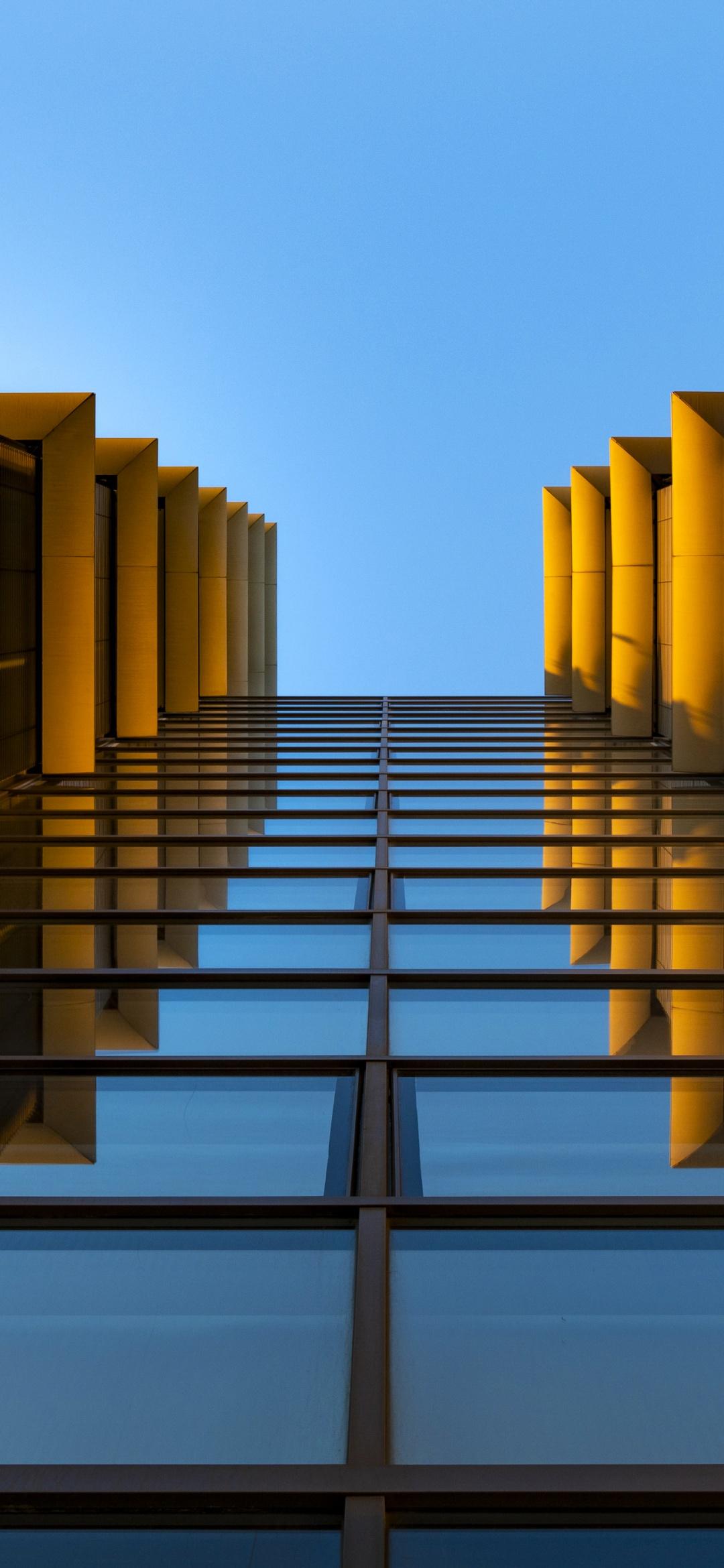 1080x2340 Modern architecture Wallpaper 4K, Look up, Reflection, Glass building, Symmetrical, Architecture