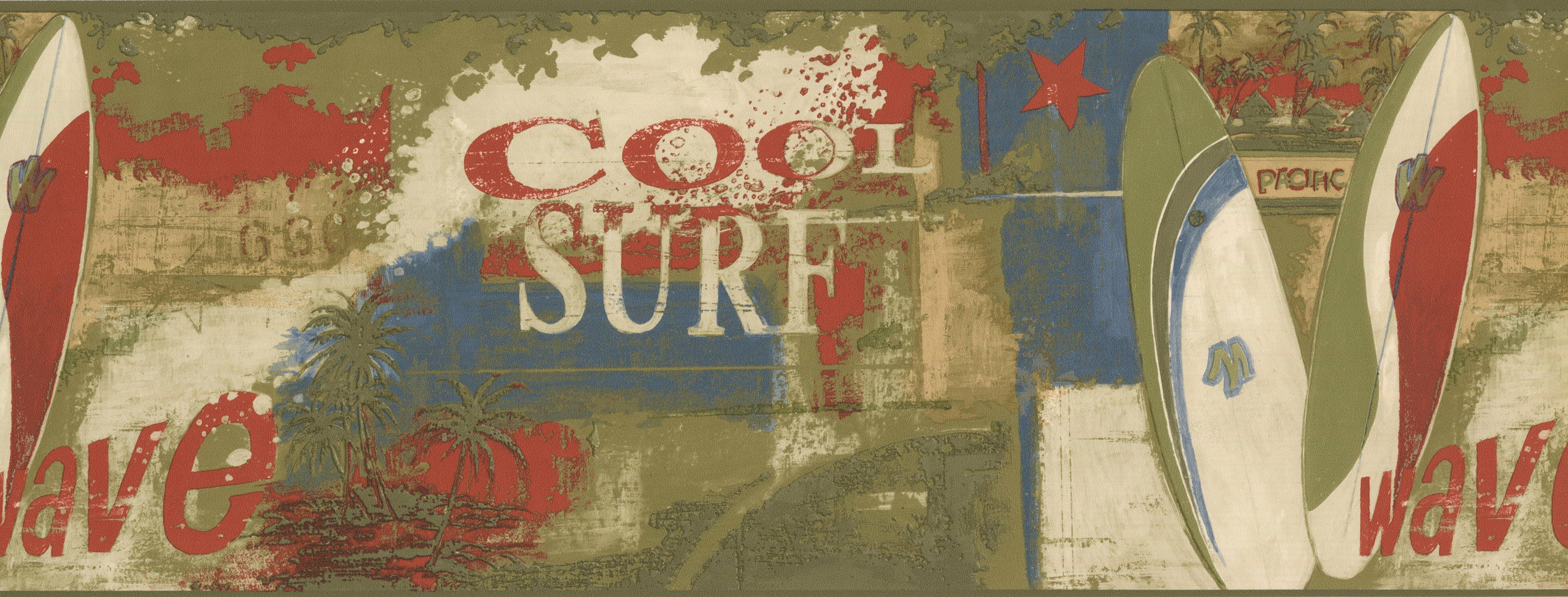 7057x2686 Winston Porter Durgan Vintage Cool Surf Faux Paint Sports Retro Design 15' L x 9'' W Wallpaper Border
