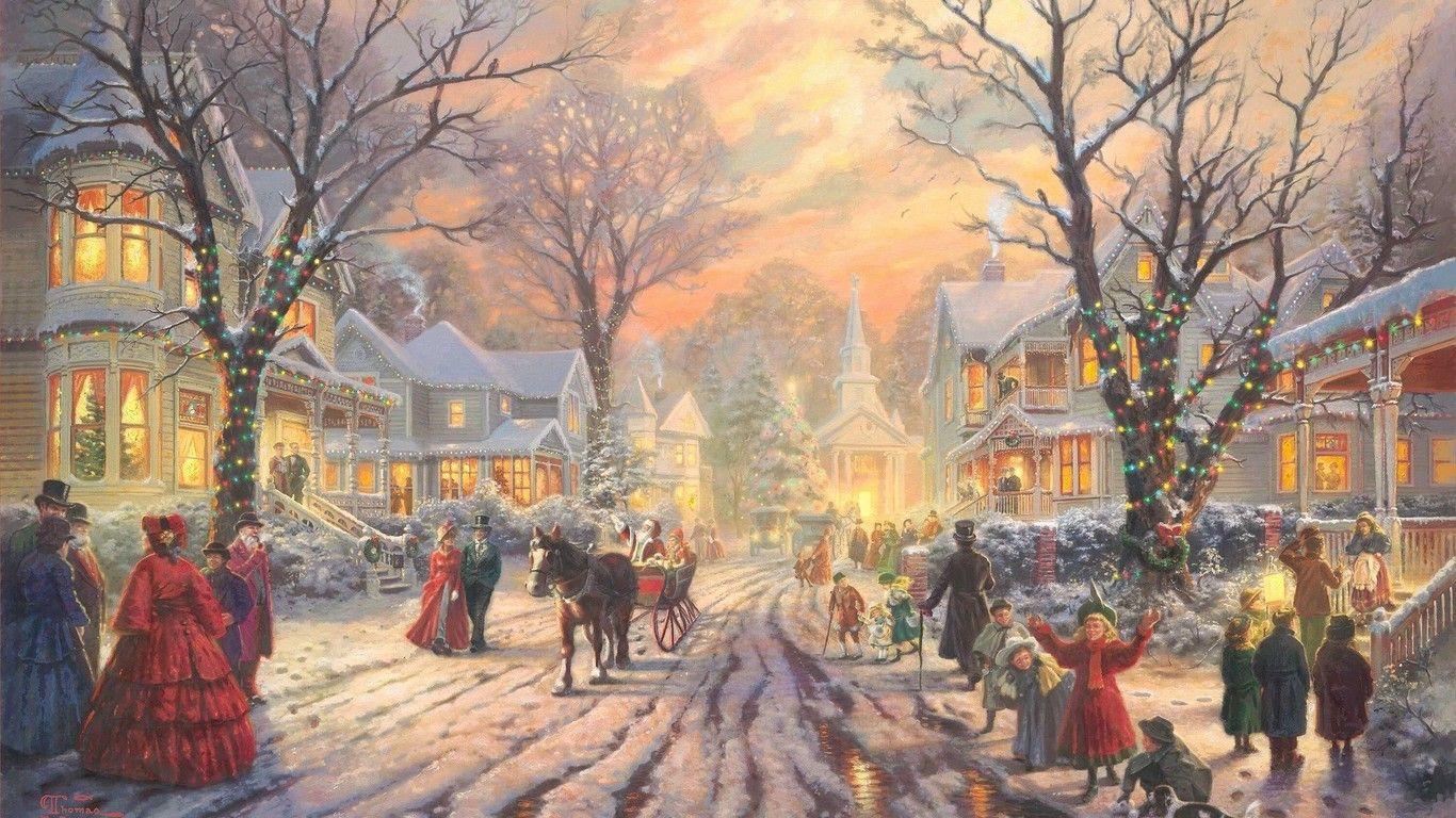 1366x768 Snowy street at christmas wallpaper. PC