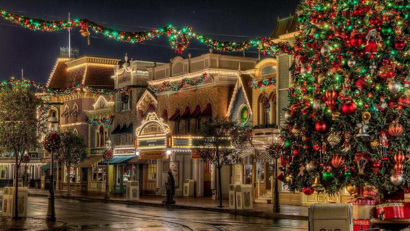1366x768 Download wallpaper 1366x768 tree, gifts, christmas, street, lights