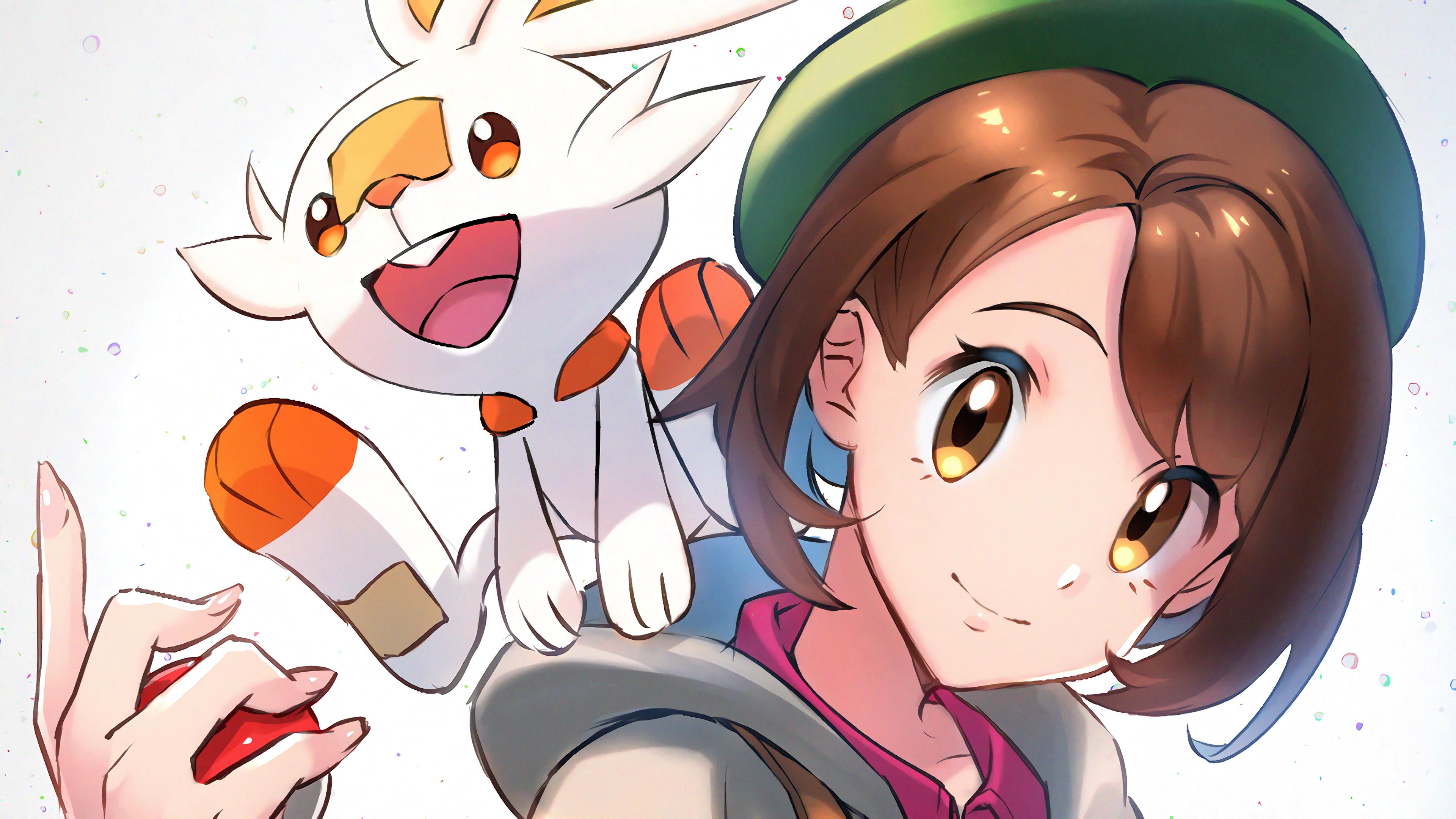 3840x2160 Scorbunny Female Pokemon Trainer Pokemon Sword and Shield 4K Wallpaper