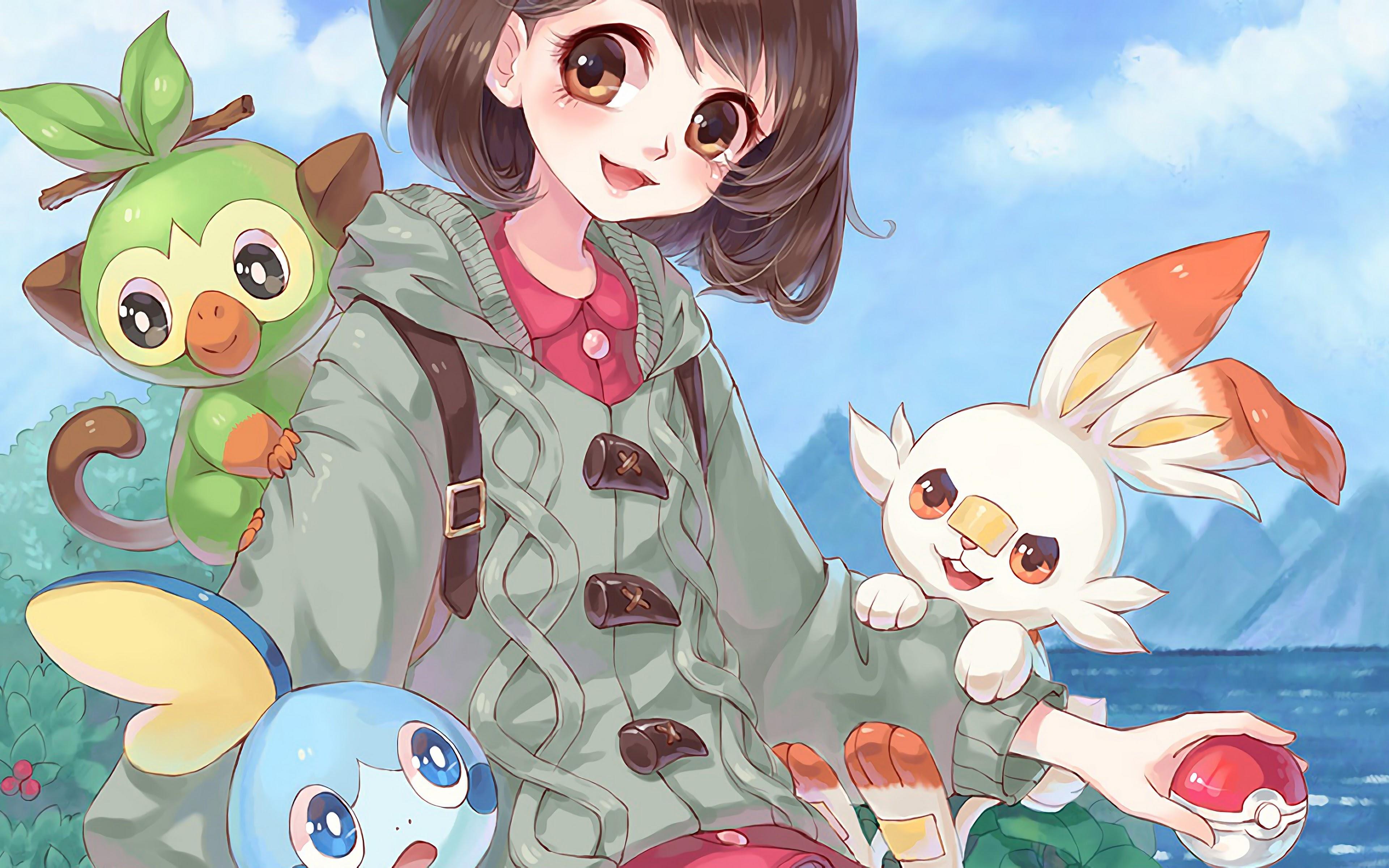 3840x2400 Pokemon Sword and Shield Scorbunny Sobble Grookey Female Pokemon Trainer 4K Wallpaper