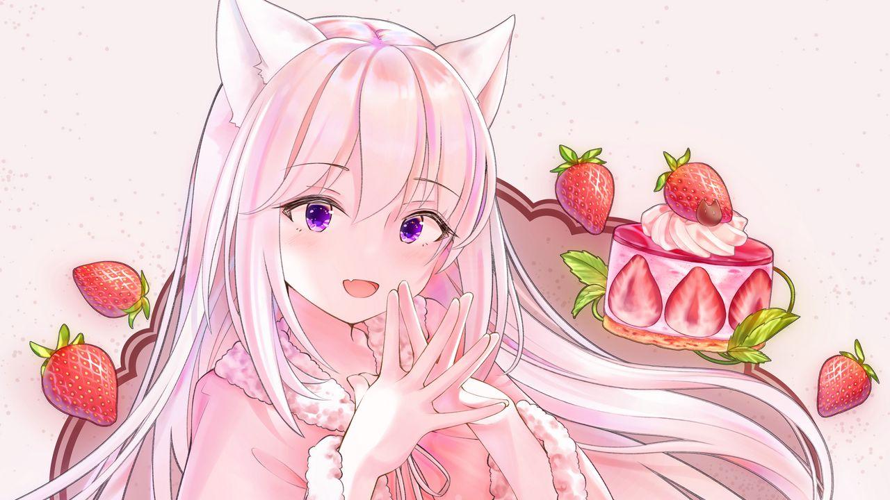 1280x720 Wallpaper girl, ears, strawberry, anime, art, pink hd, picture, image