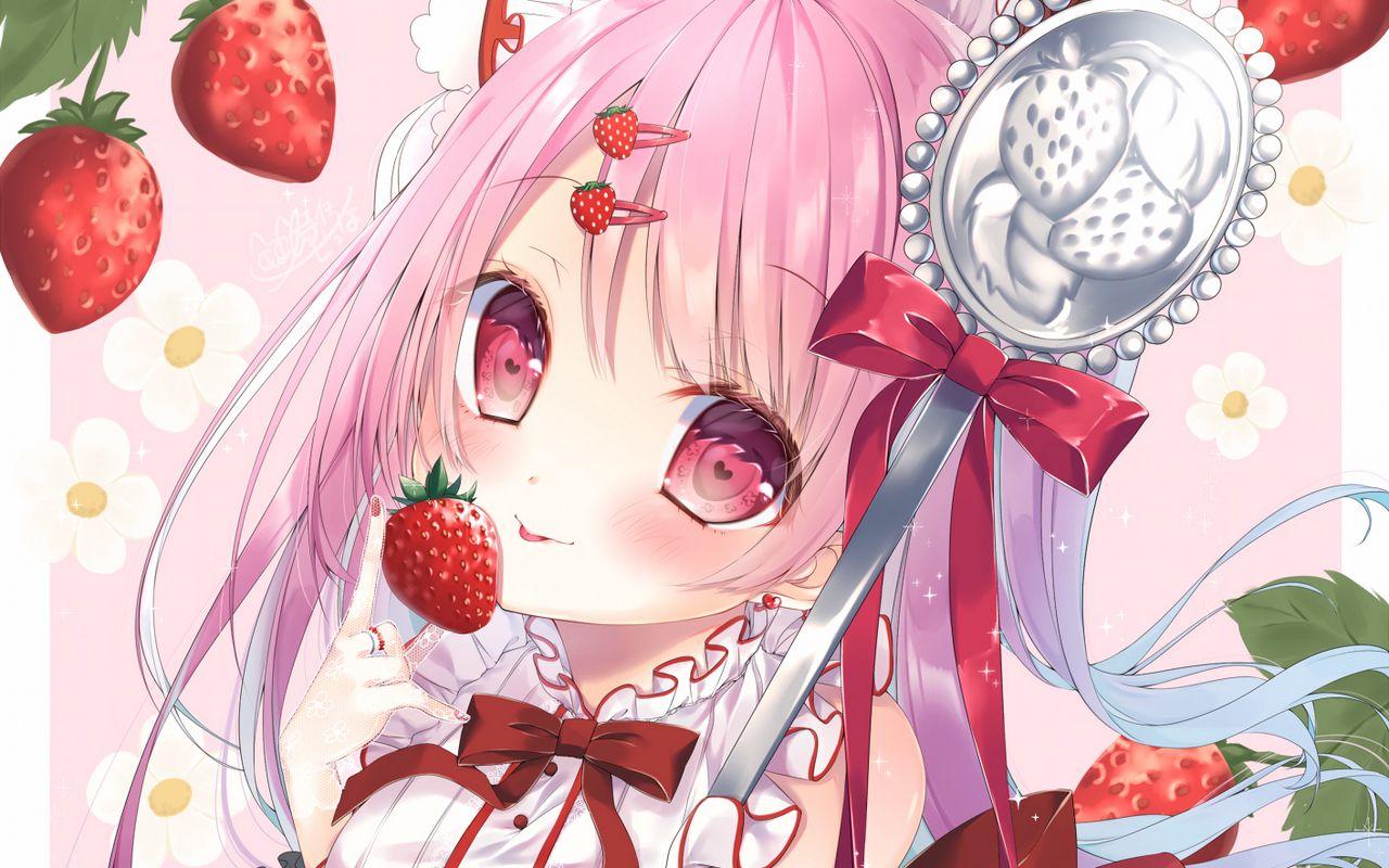 1280x800 Download wallpaper 1280x800 girl, glance, strawberry, pink, anime widescreen 16:10 HD background
