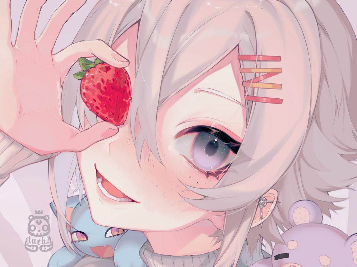 1152x864 Download wallpaper 1152x864 girl, smile, strawberry, toys, anime standard 4:3 HD background