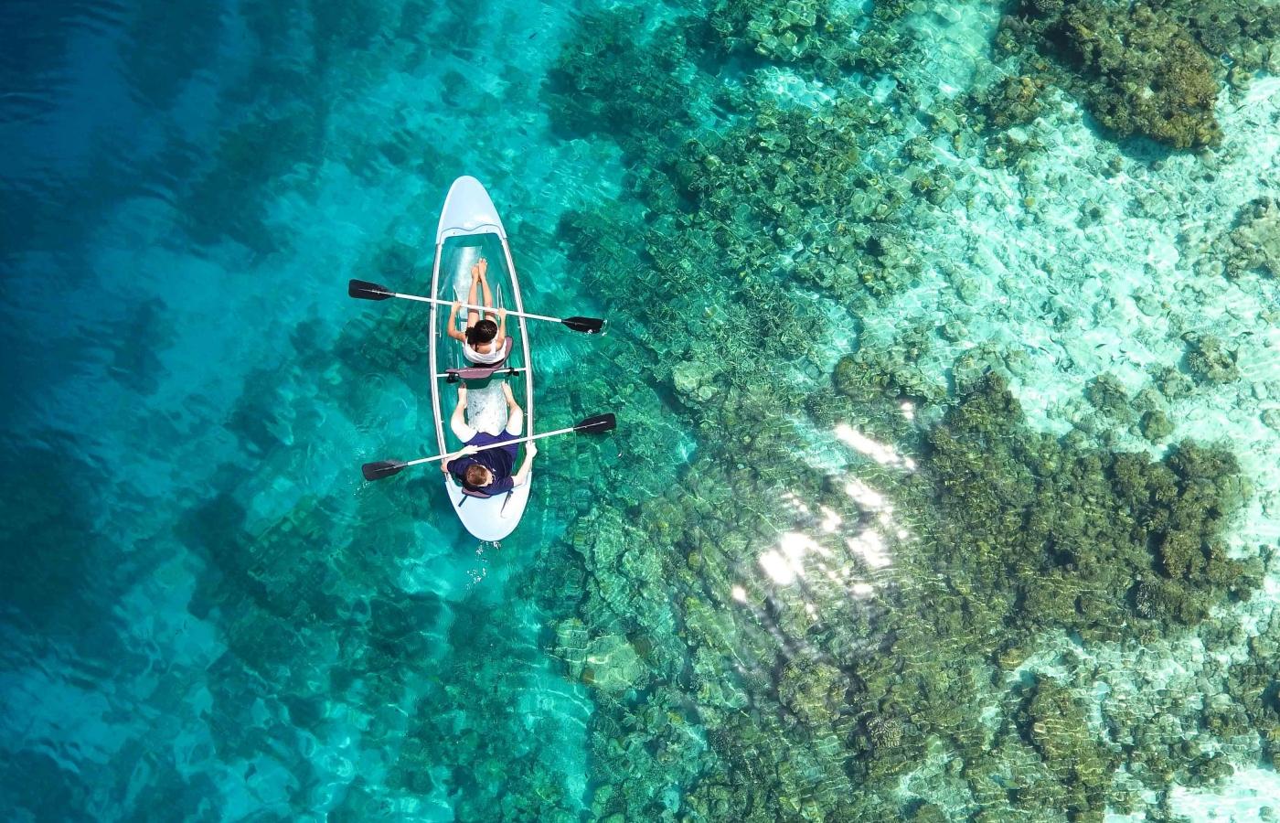 1400x900 Wallpaper Aerial View, Ocean, Clear Water, Kayaking, Boat:4000x2250
